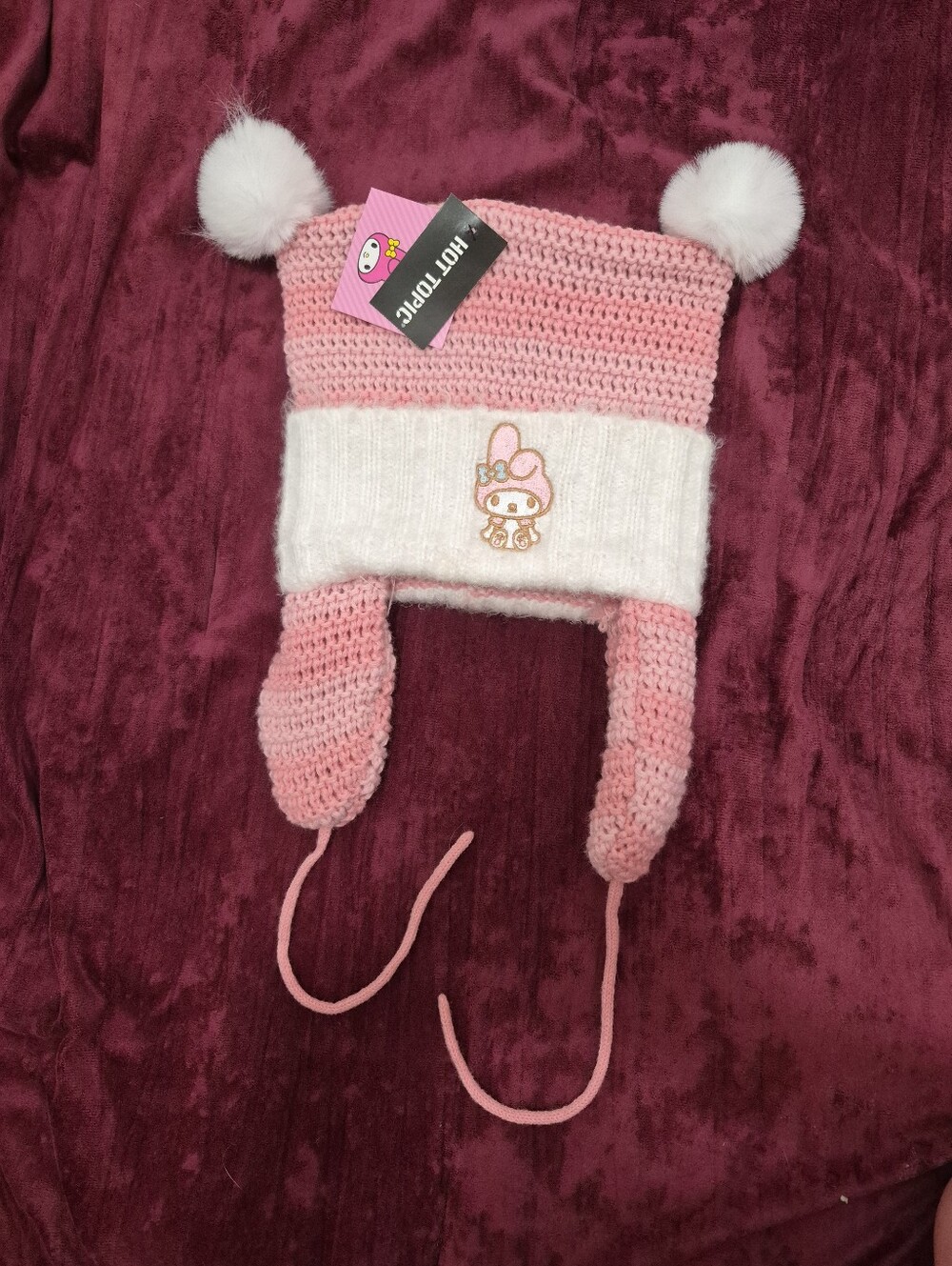 My Melody Pink & White Pom Pom Knit Earflap Hat - Womens